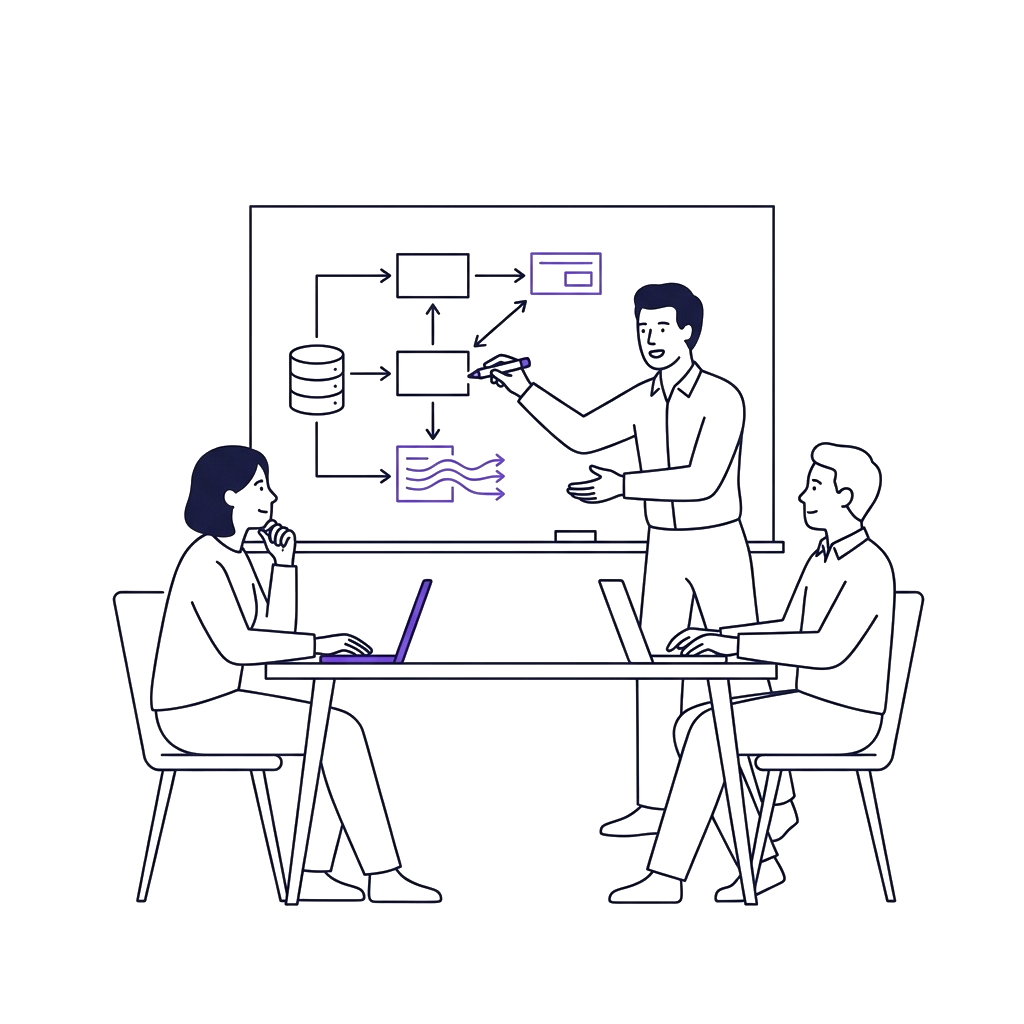 A sales rep explaining a systems diagram at a whiteboard to two engineers